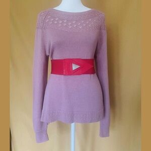 Lavender Pink Knit Sweater with Crochet Detail M - Red statement belt